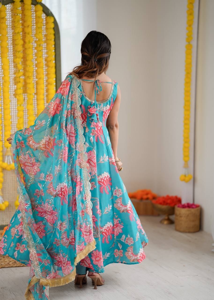 Rama Blue Colour Muslin Floral Print Anarkali Kurtis