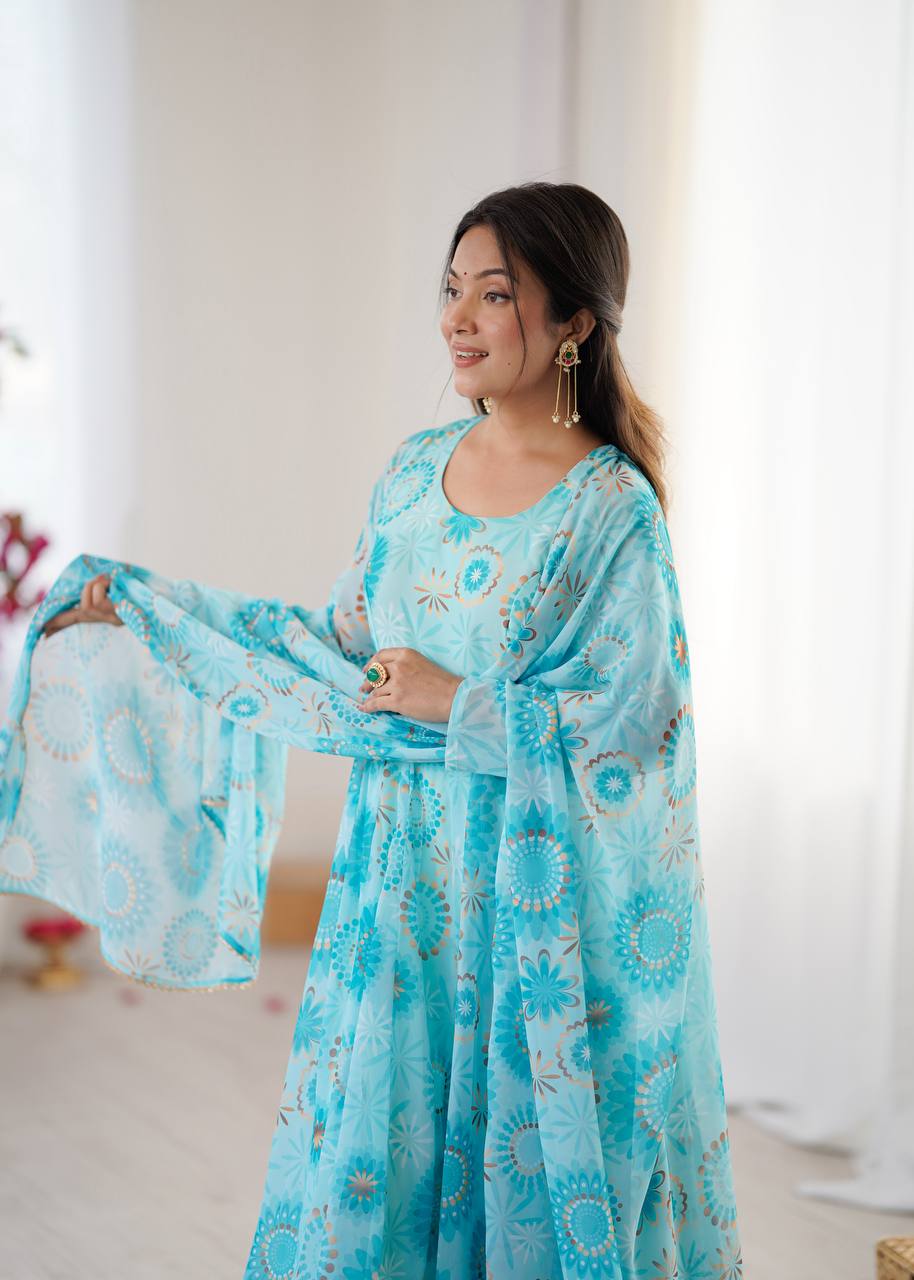 Womens Blue Printed Anarkali Kurta With Trousers & Dupatta