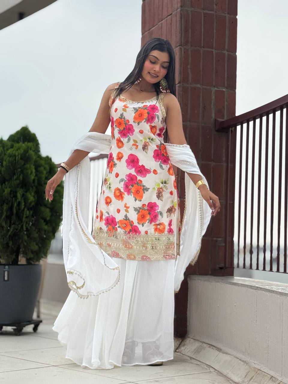 Exclusive  White Chinon Silk Kurti with Flared Plazzo and Lace Dupatta