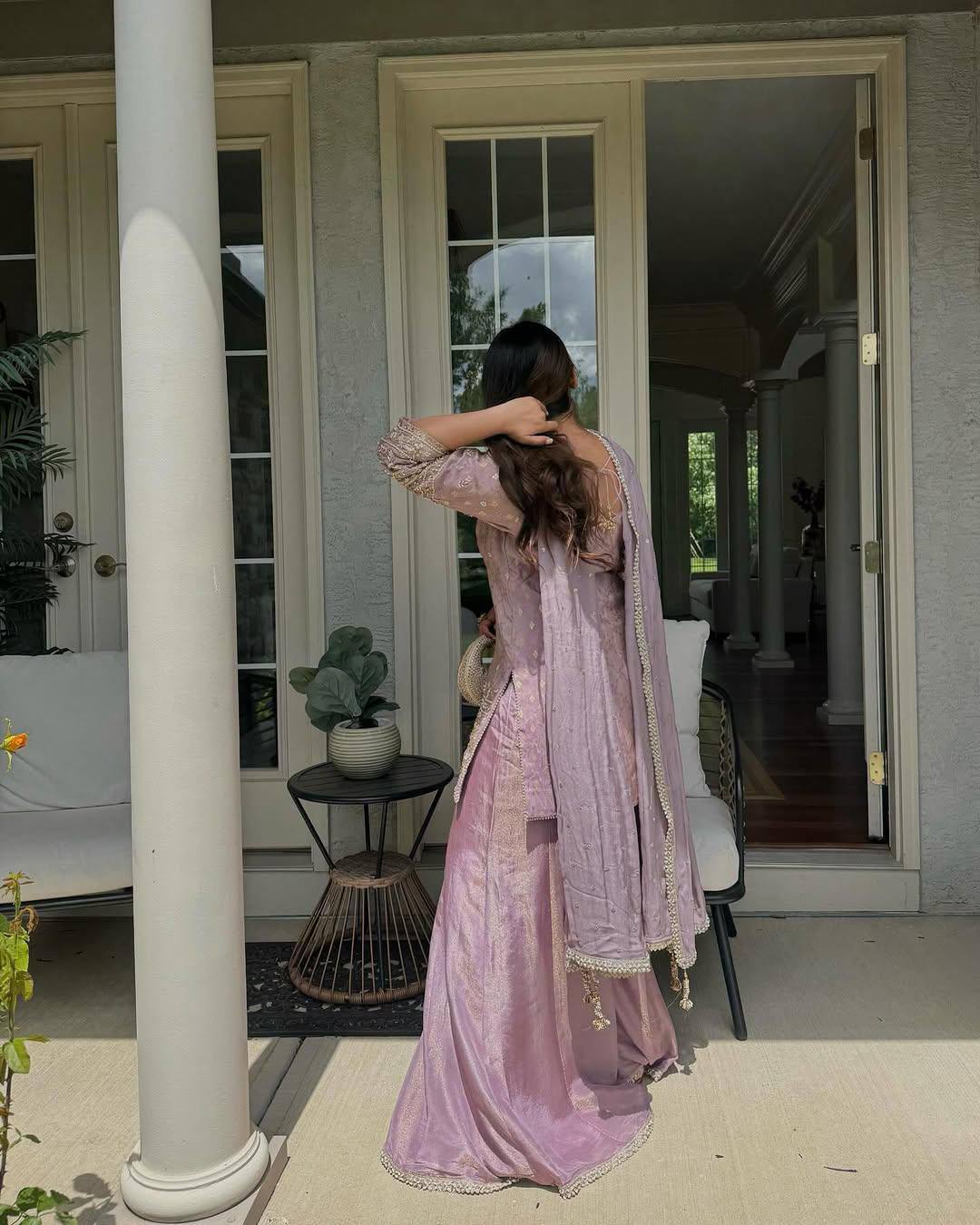 Premium Baby Pink Cosmos Silk Sequin & Zari Work Palazzo Set