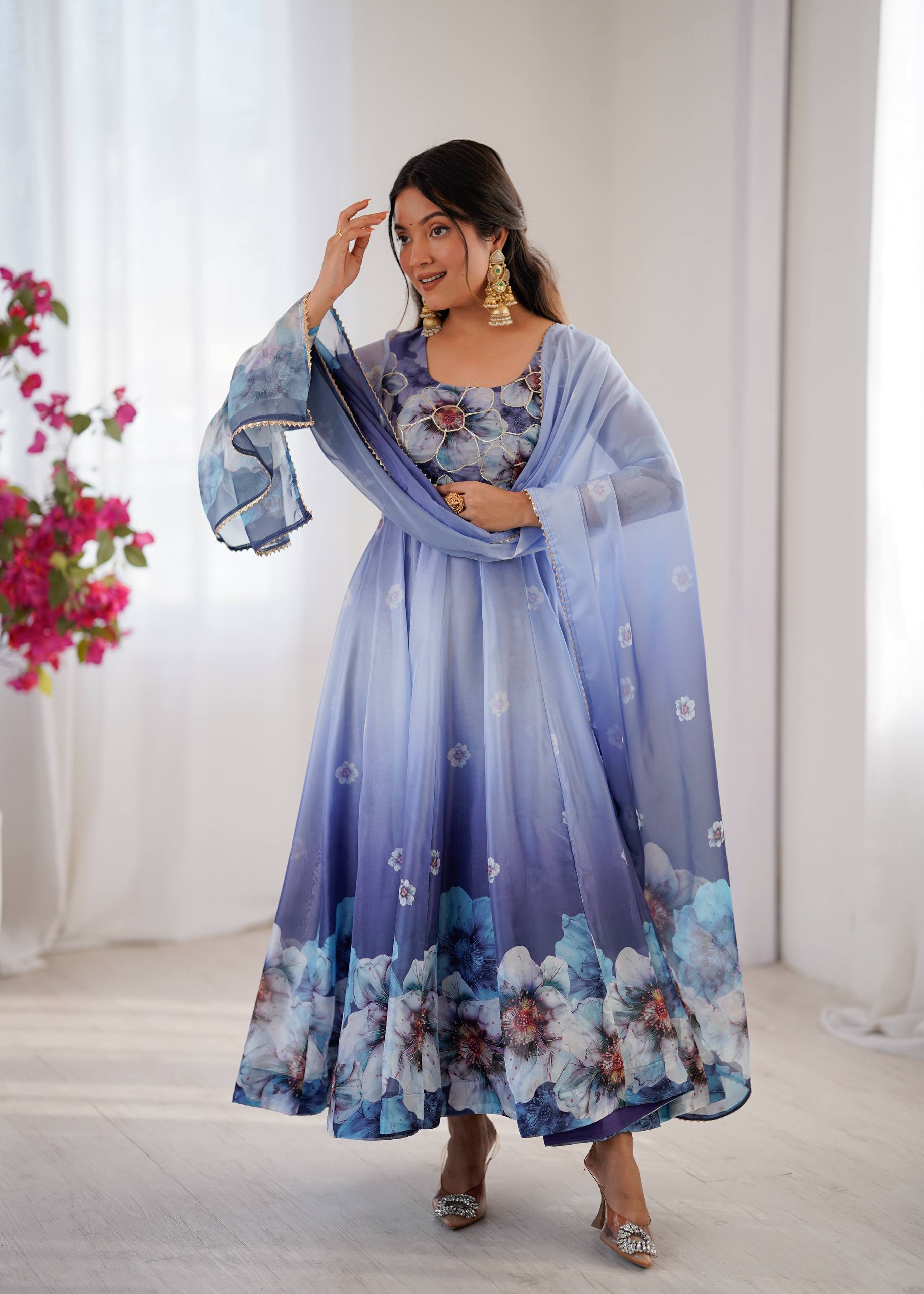 Organza Blue Festival Wear Digital Print Work Readymade Gown