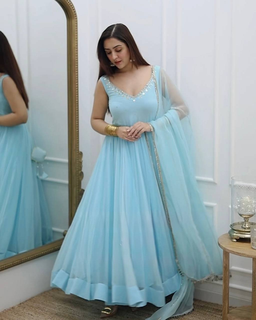 Women Empire Mirror Work Kurta with Trousers & Dupatta