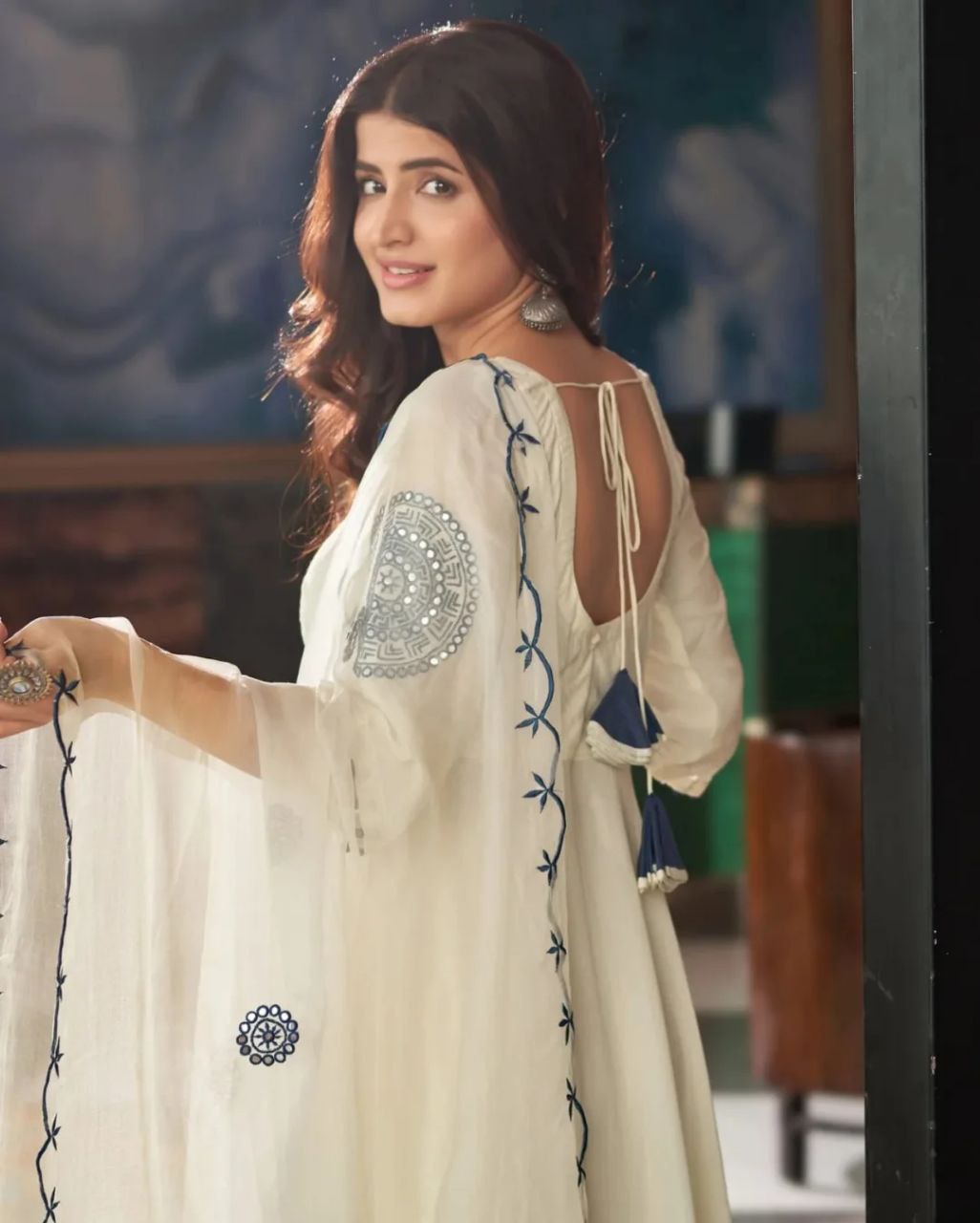 Rangrasa Blue Cream Embroidered Muslin Silk Suit Set