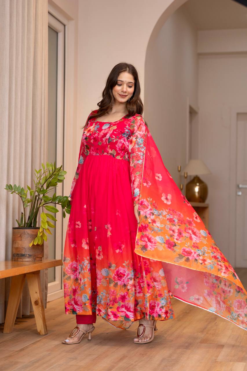 Women Floral Printed Tiered Kurta & Trousers With Dupatta