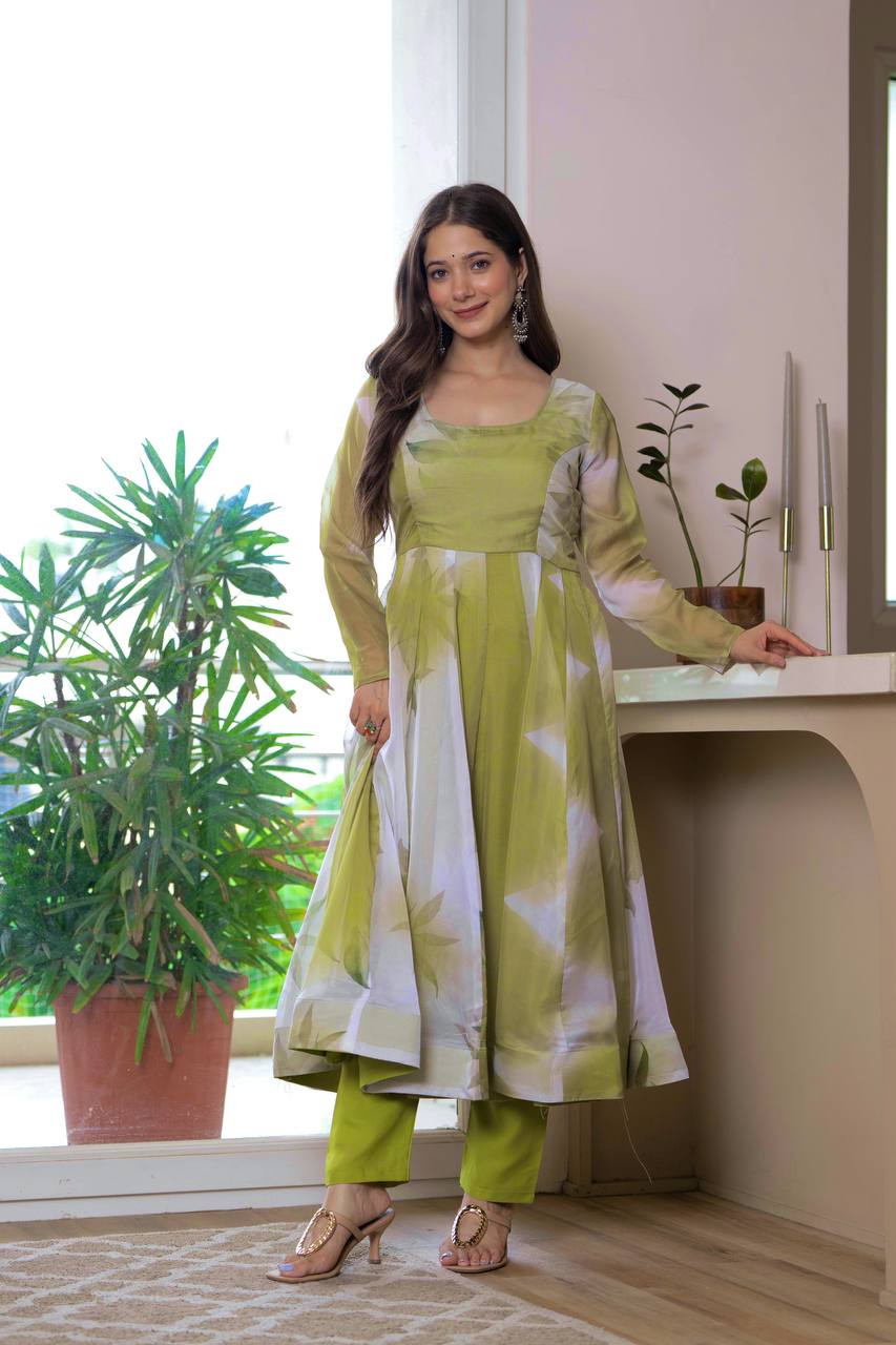 Floral Printed Anarkali Kurta With Trousers & Dupatta
