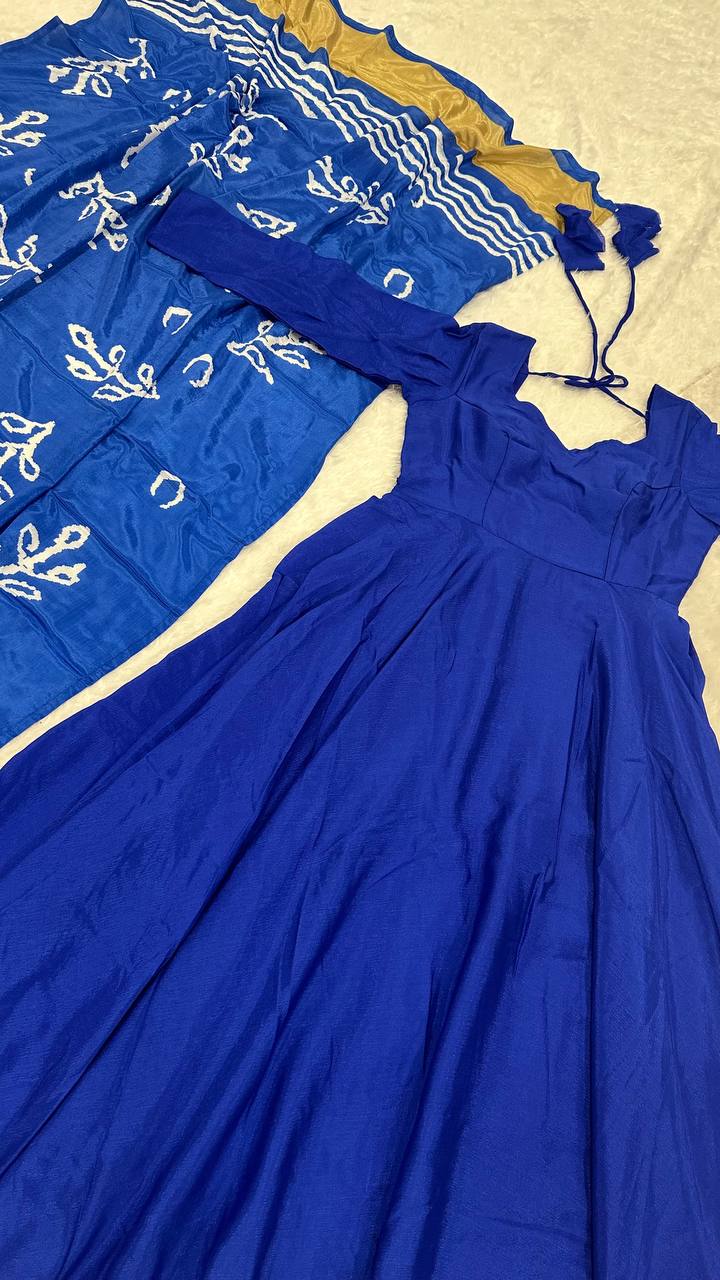 Blue Regal Chinon Silk Anarkali Gown with Digital Print Dupatta