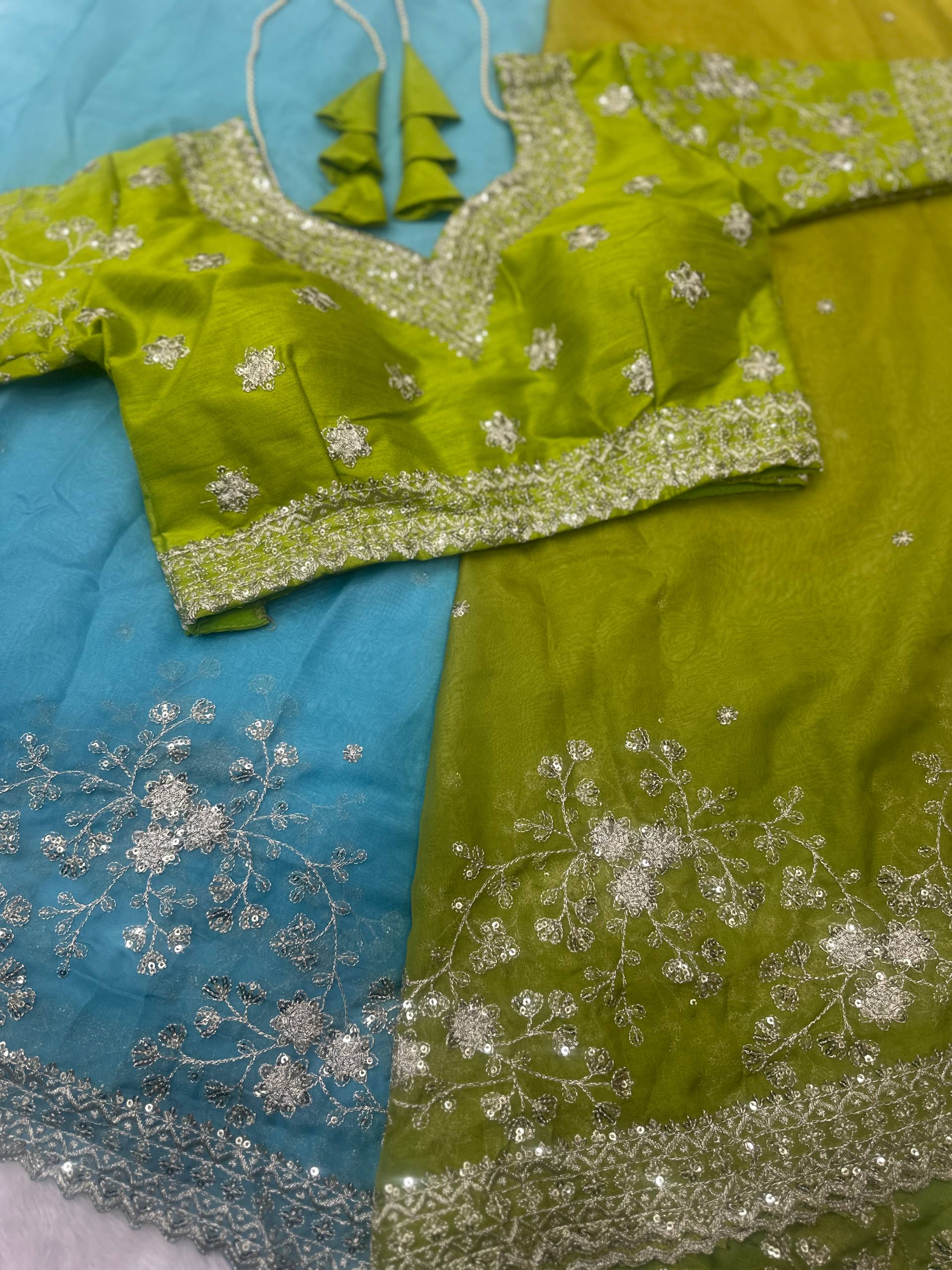 Tabby Organza Saree with Digital Print & Sequence Embroidery with Unstitched Blouse