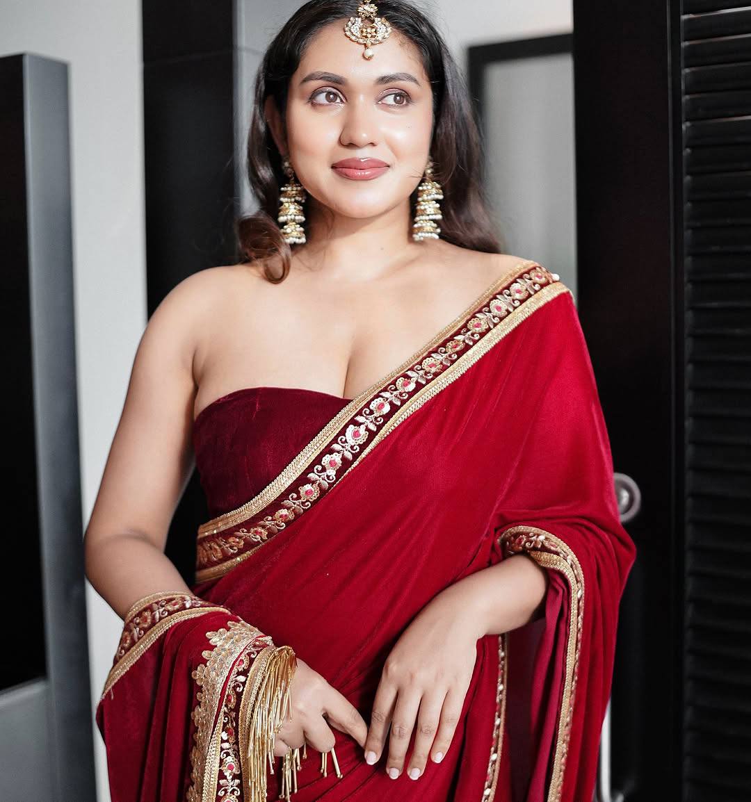 Velvet Saree with Embroidered Lavender Border & Unstitched Blouse