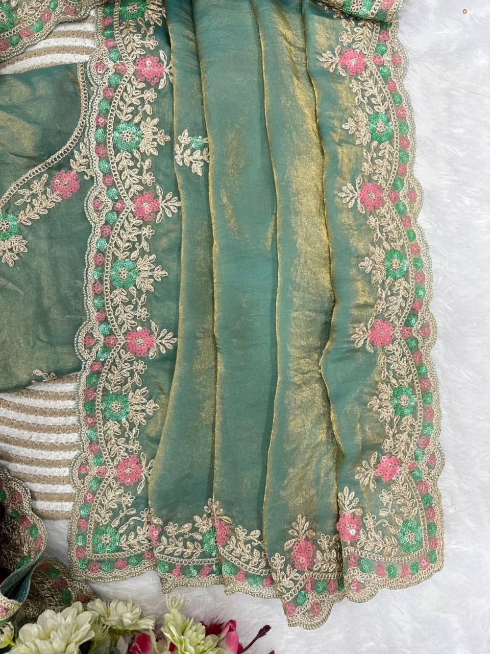 Heavy Soft Fandy Satin Silk Saree with Embroidery, Sequences & Cutwork Border