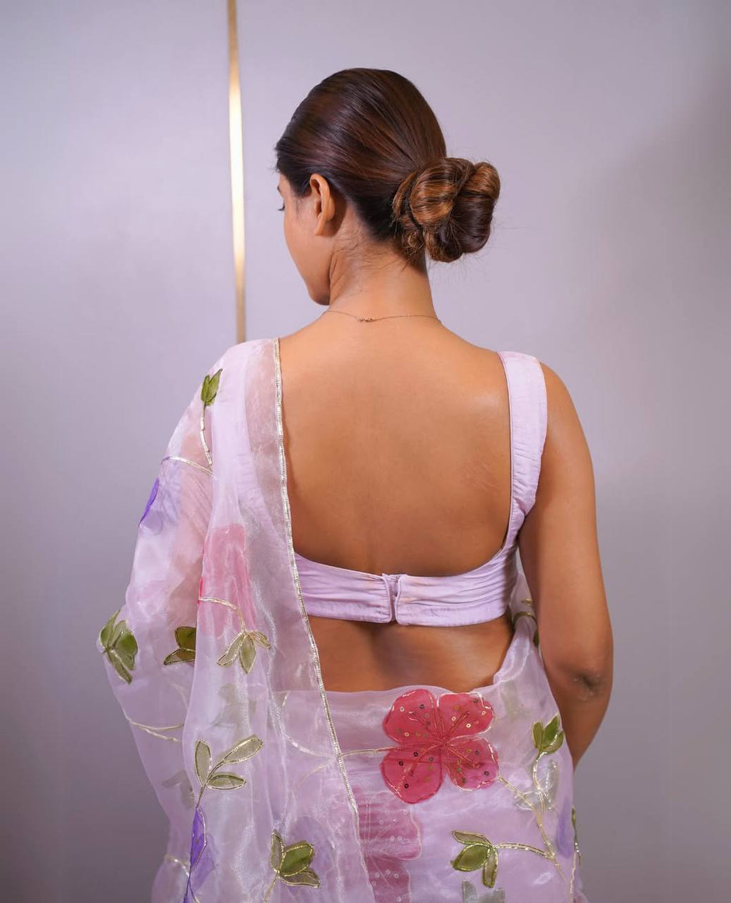 Lilac Floral Printed Organza Saree with Sequin Handwork and Silk Blouse