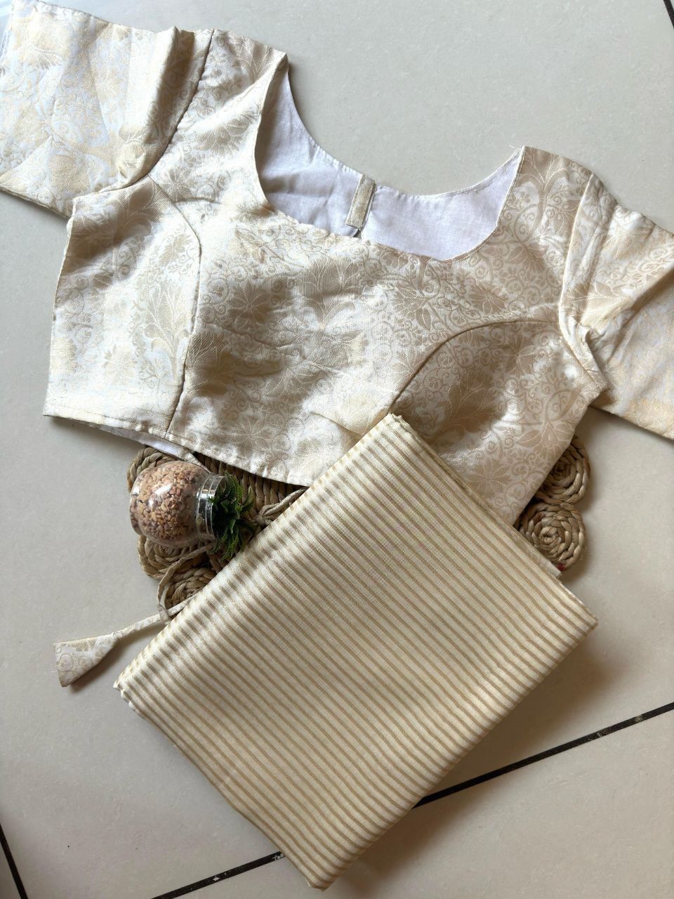 White Organza Saree with Golden Zari Stripes and Brocade Jacquard Blouse