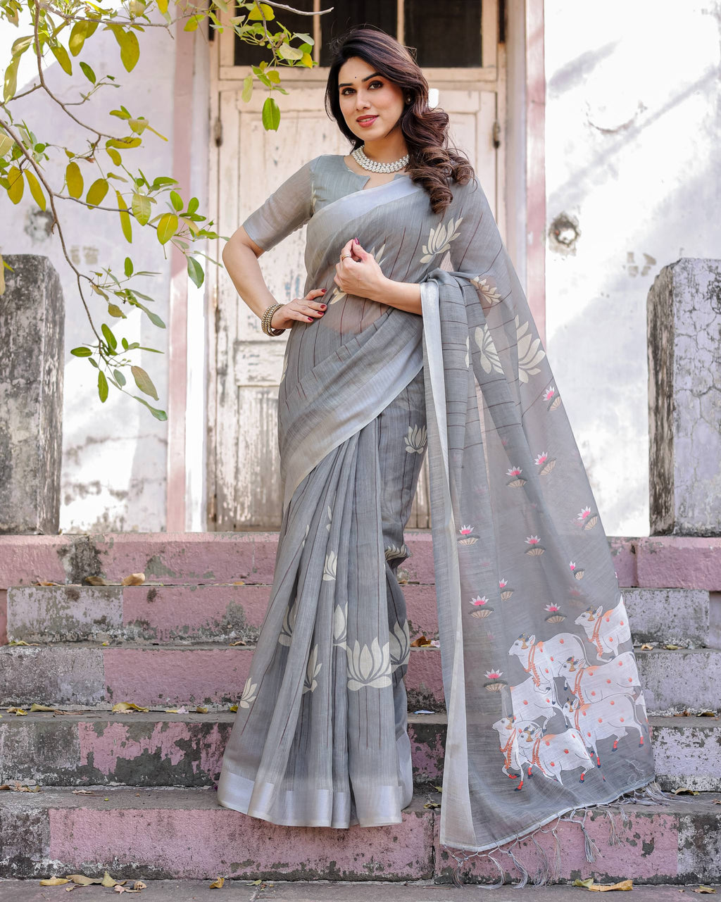 South Hit Printed Linen Cotton Saree with Blouse