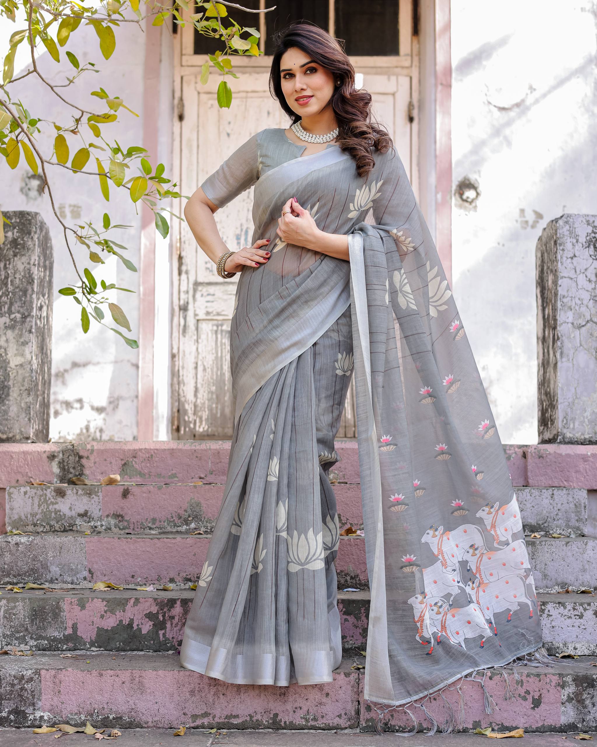 South Hit Printed Linen Cotton Saree with Blouse