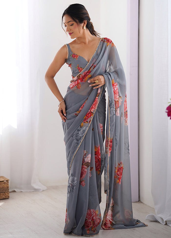 Gary Printed Georgette Saree with Moti Lace & Satin Patta Blouse