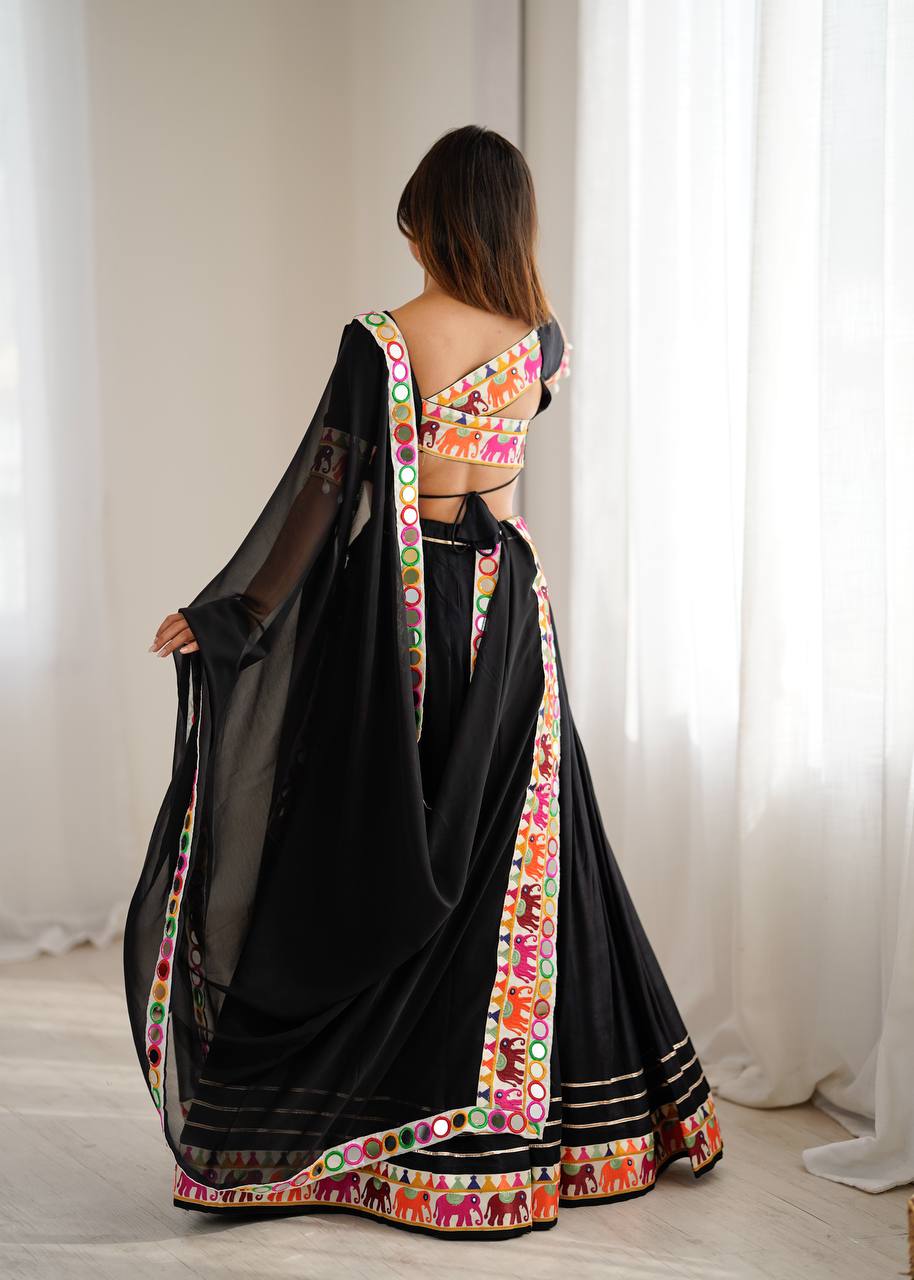 Black Heavy Rayon Lehenga with Gamthi, Real Mirror & Tassel Work