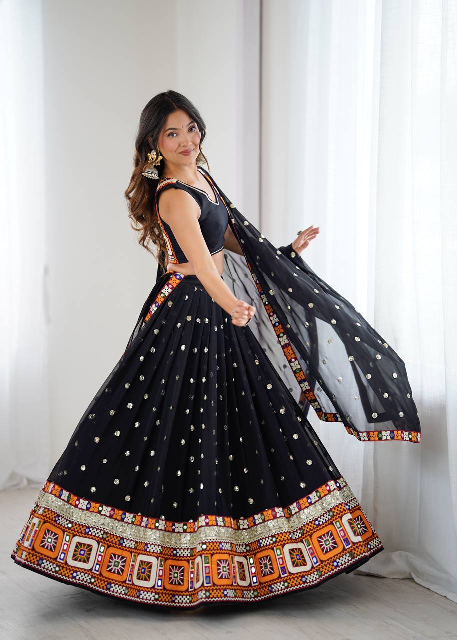 Black Designer Faux Georgette Lehenga Choli Set with Real Mirror & Chain Stitch Work
