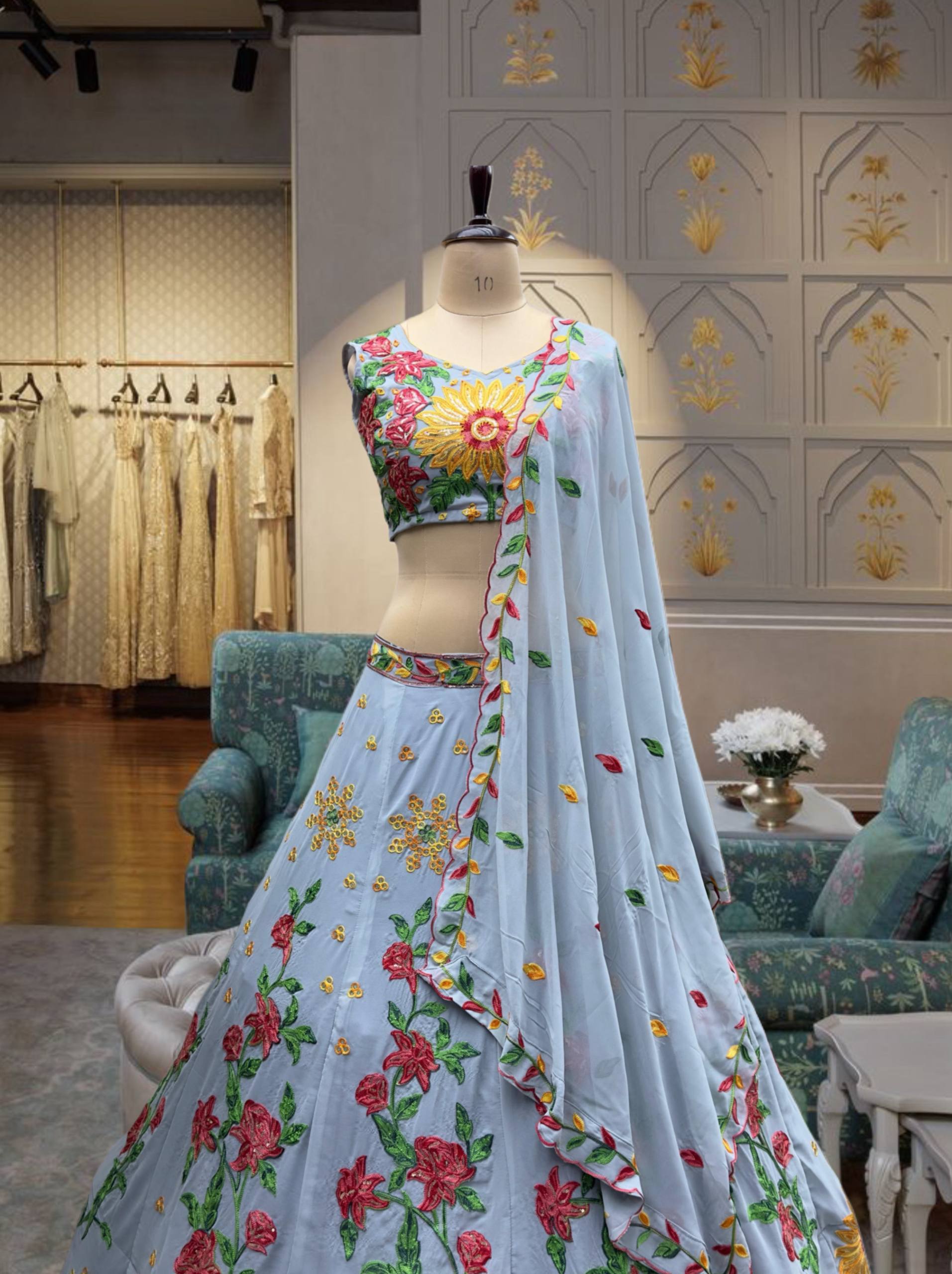 Light Blue Georgette Embroidery Bridal Lehenga