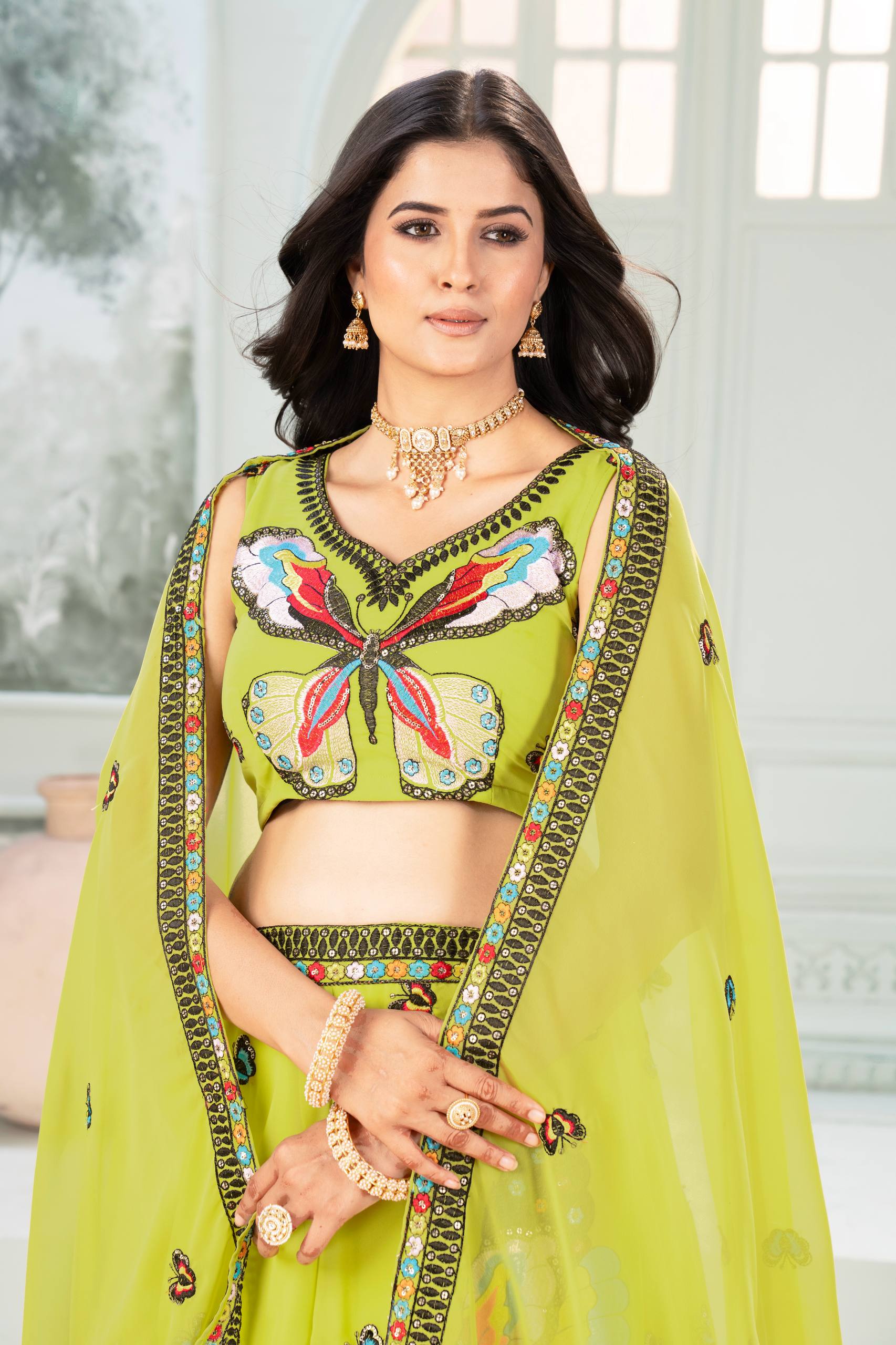 Colorful Faux Georgette Lehenga with Butterfly Work Designer Look for Celebrations