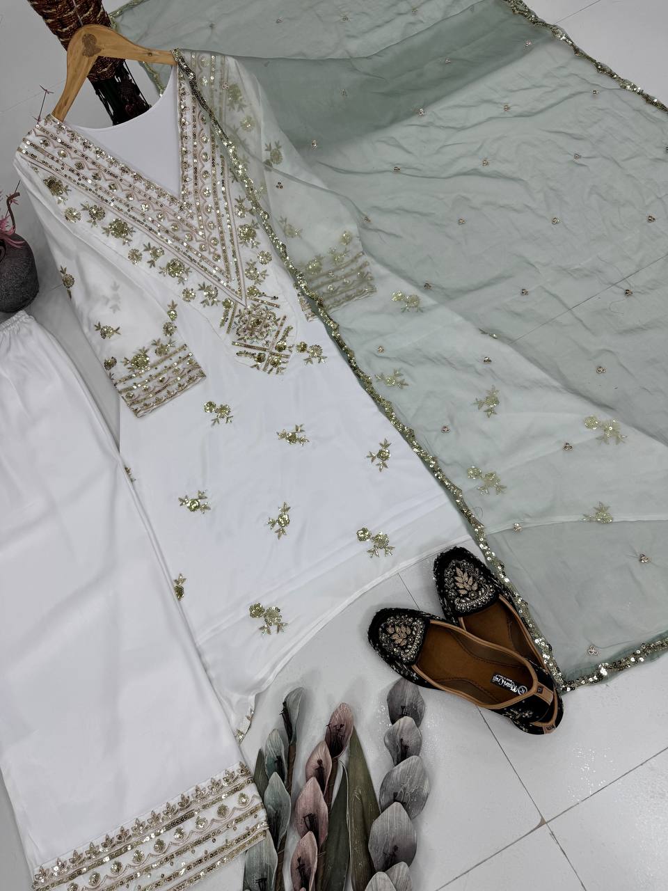 Designer Heavy Natural Silk Embroidered Salwar Suit with Dupatta – Sequence Work