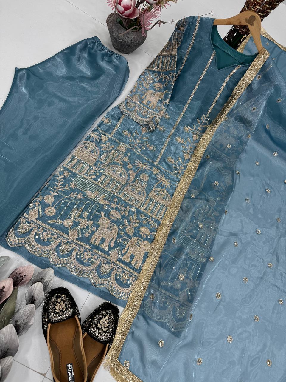 Designer Heavy Jimmy Choo Organza Suit Set with Dupatta – Chine Sequence Work
