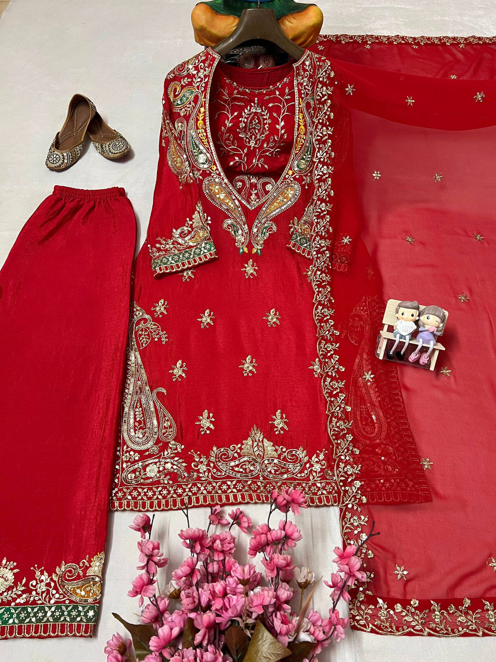 Premium Chinon Kurti, Blouse, Pant & Dupatta Set with Embroidery and Sequin Work