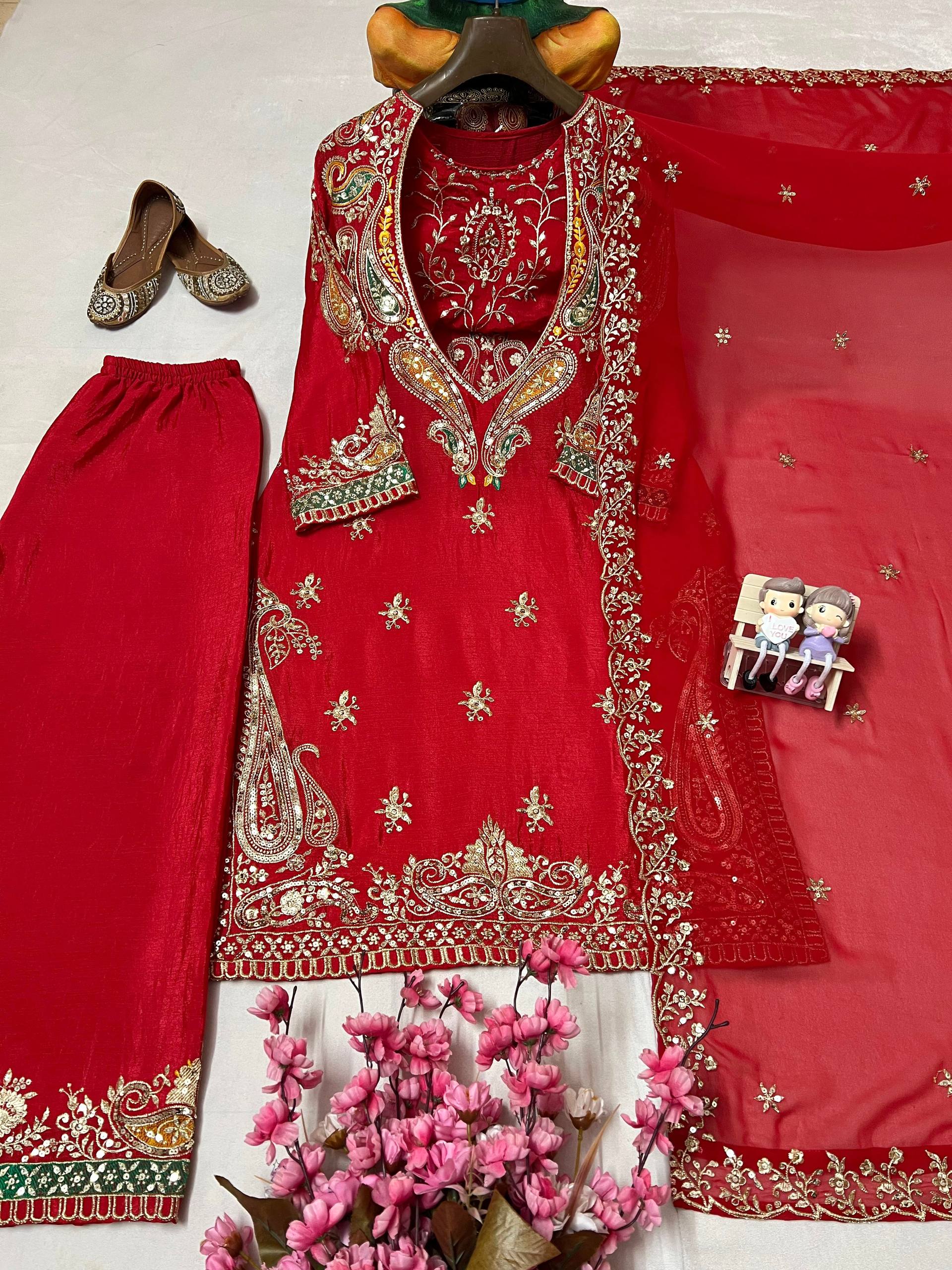 Premium Chinon Kurti, Blouse, Pant & Dupatta Set with Embroidery and Sequin Work