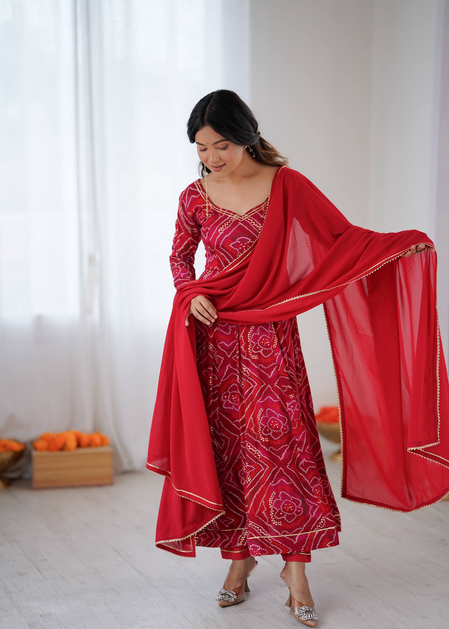 Bandhani Printed Sweetheart Neck Anarkali Kurta With Trousers & Dupatta