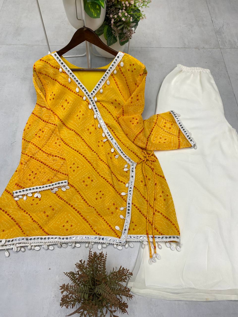 Bandhani Printed V Neck Angrakha Tunic with Solid Sharara