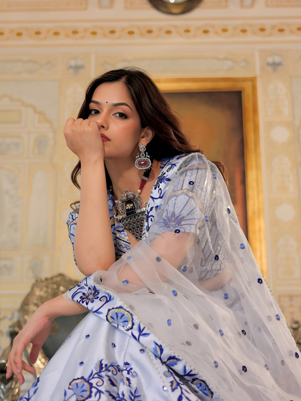 White and Blue Heritage Lehenga Set