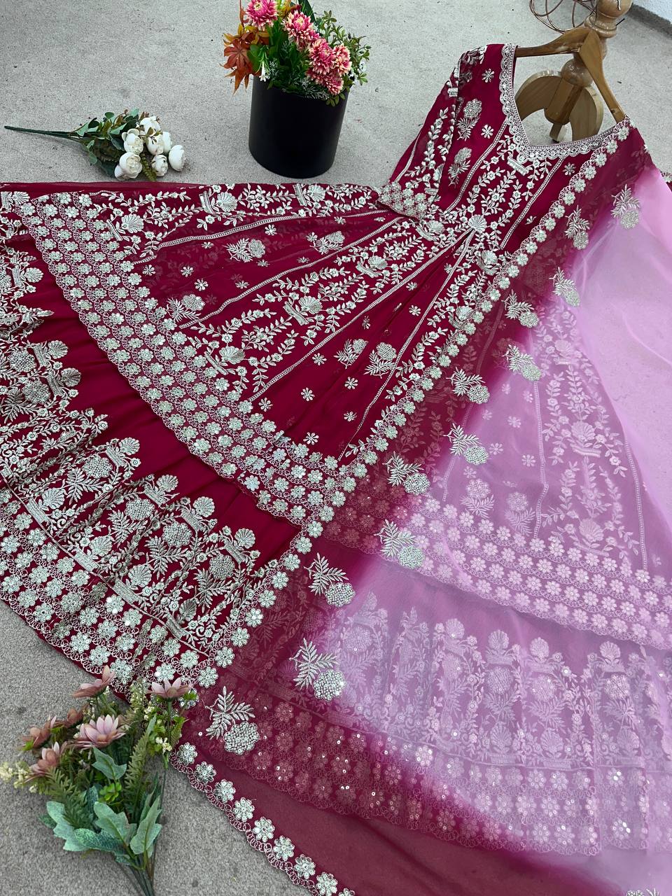 Designer Faux Georgette Gown & Lehenga Set with Embroidery Sequins & Dupatta