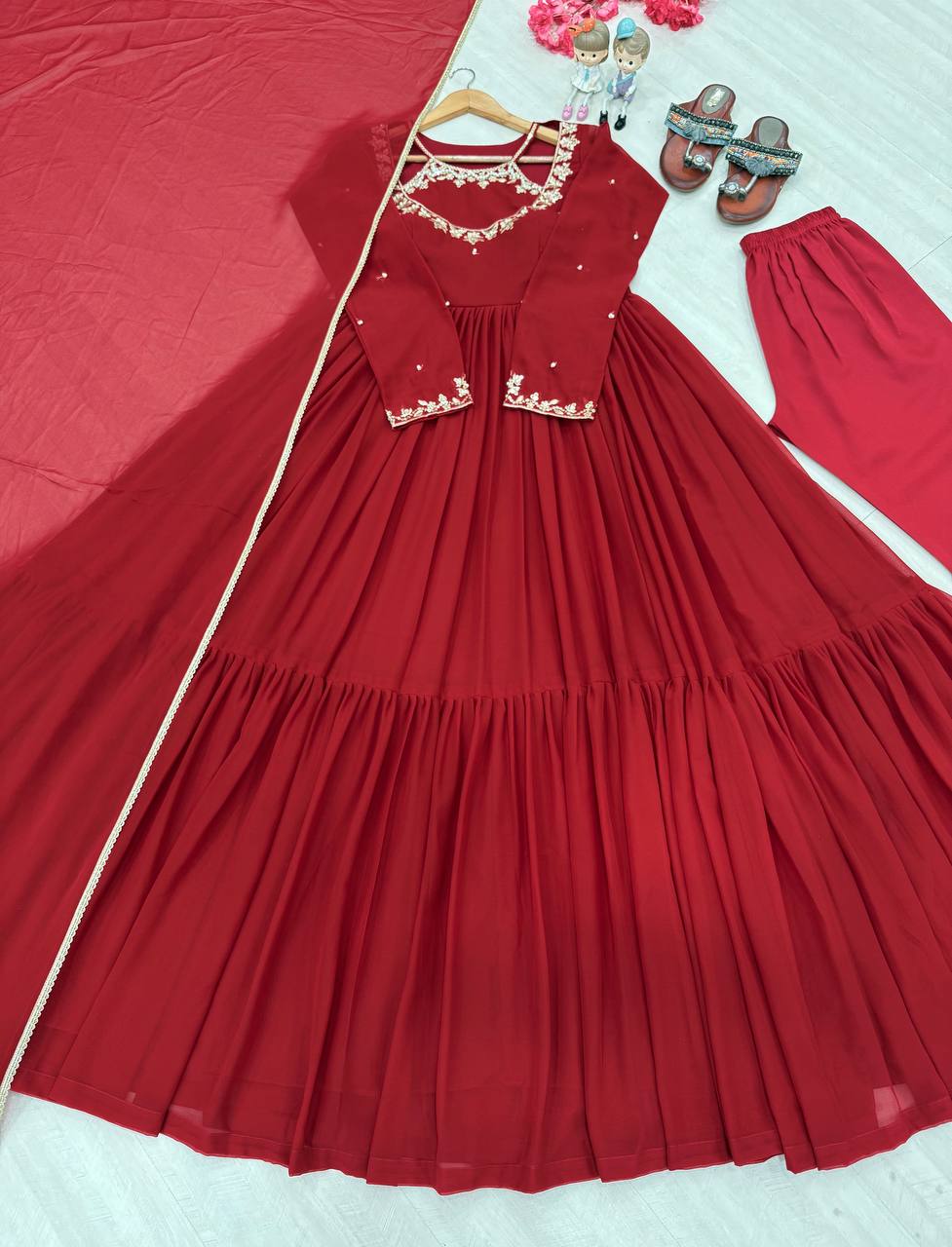 Designer Faux Georgette Party Wear Gown Set with Dupatta & Bottom – Embroidery and Sequins Work