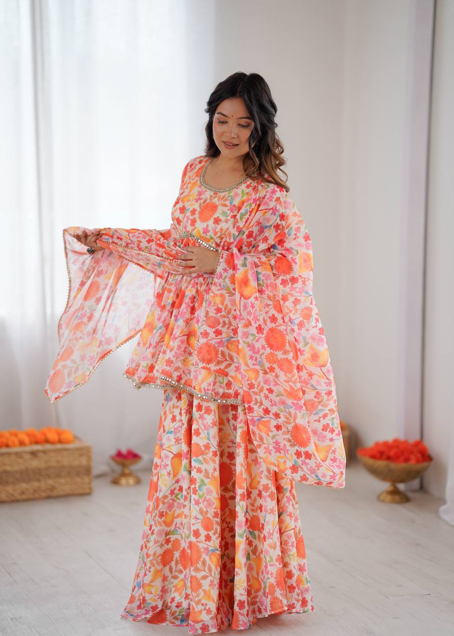 Designer Taby Organza Kediya Kurta Set with Palazzo & Dupatta – Floral Print & Mirror Lace