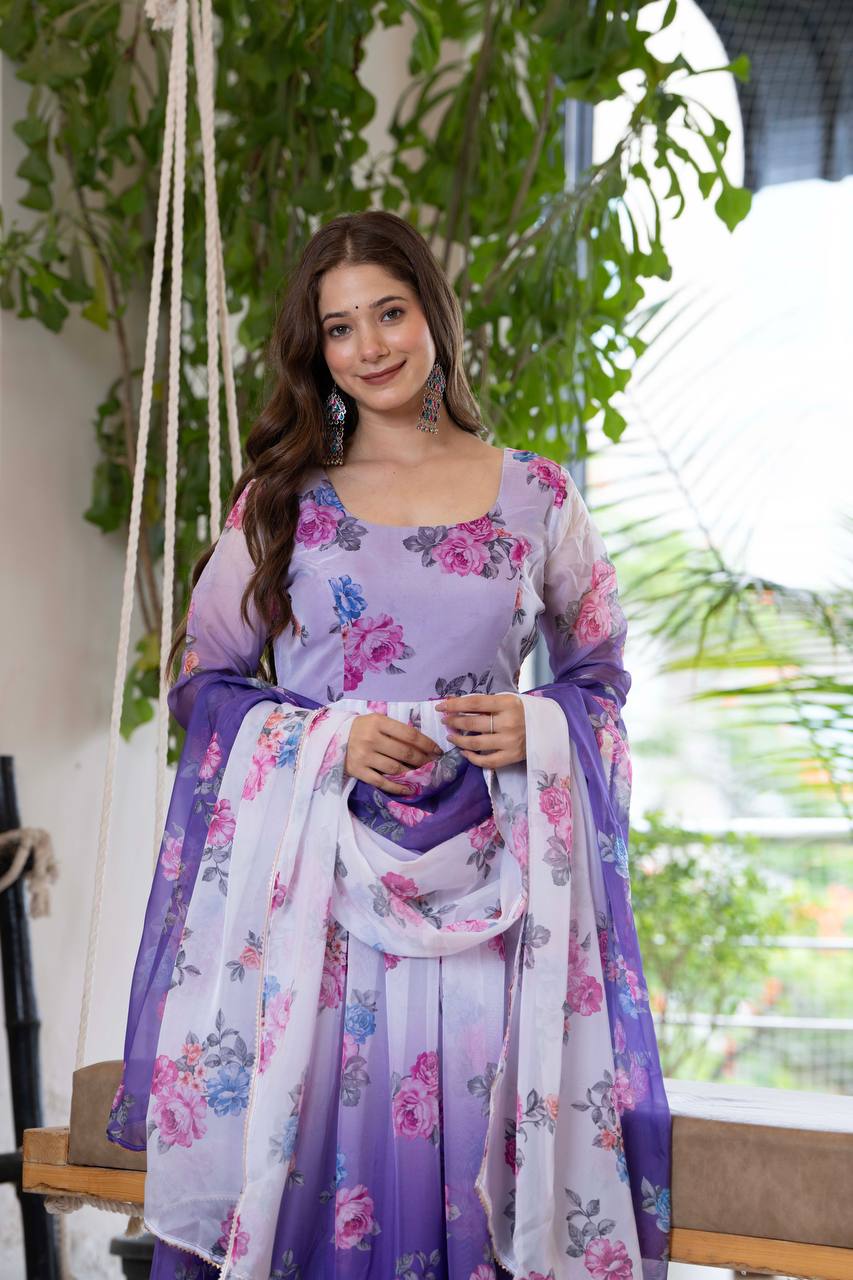 Designer Umbrella Suit Set with Dupatta & Pant – Lightweight Organza Floral Print