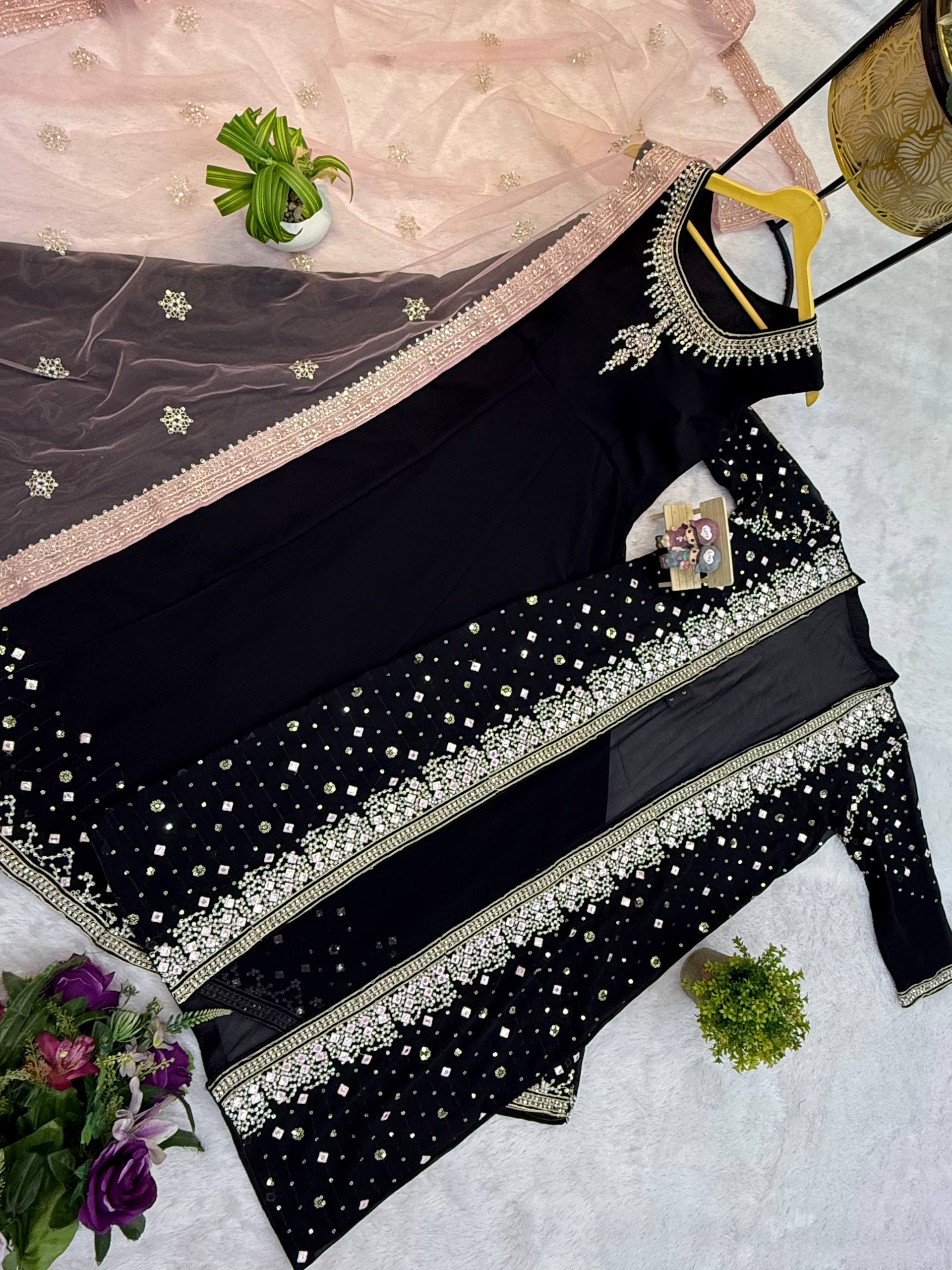 Designer Faux Georgette Gown, Koti & Dupatta Set – Embroidery & Crystal Stone Work