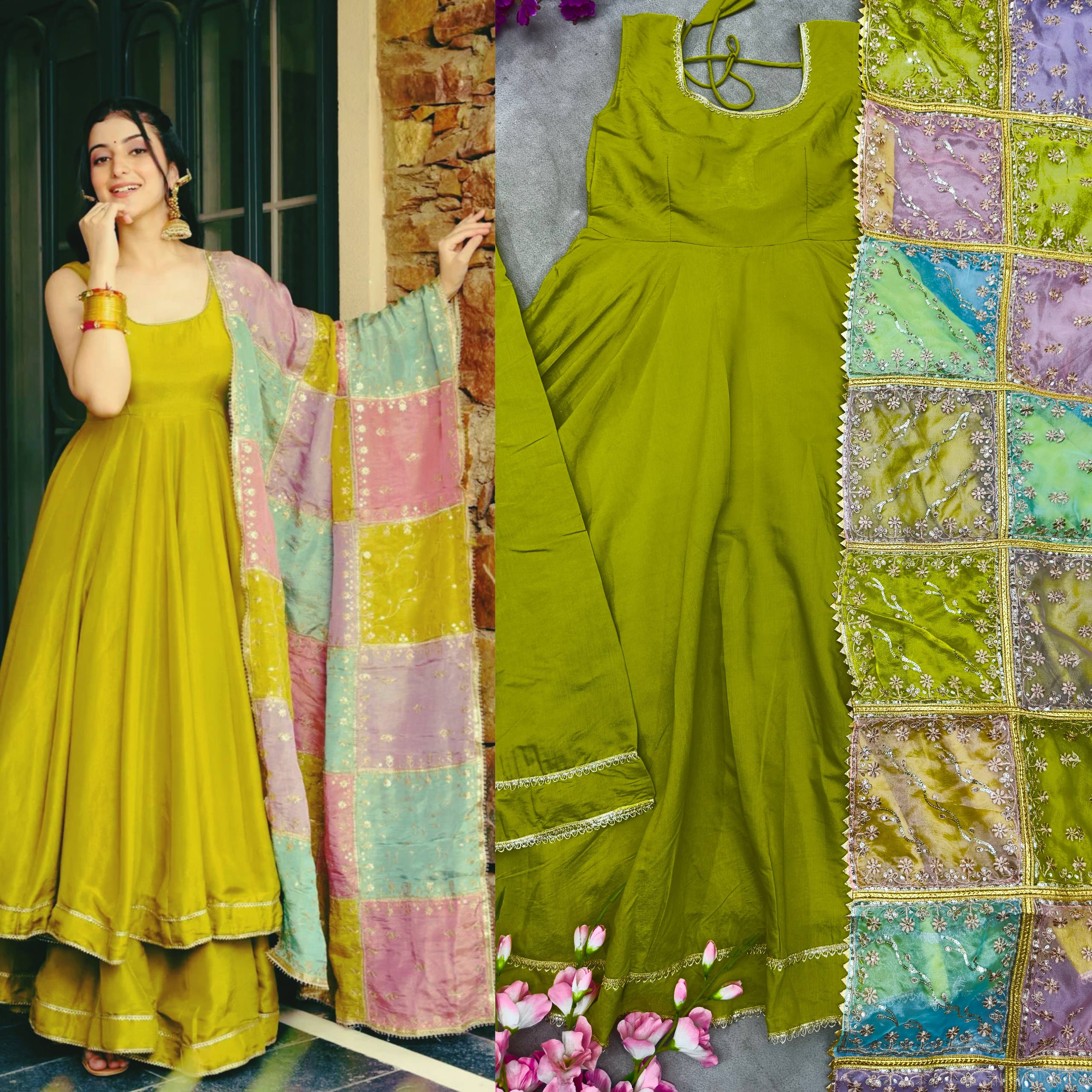 Designer Mehndi Color Roman Simmer Silk Top, Plazzo & Dupatta Set – Embroidery & Gota Lace Work