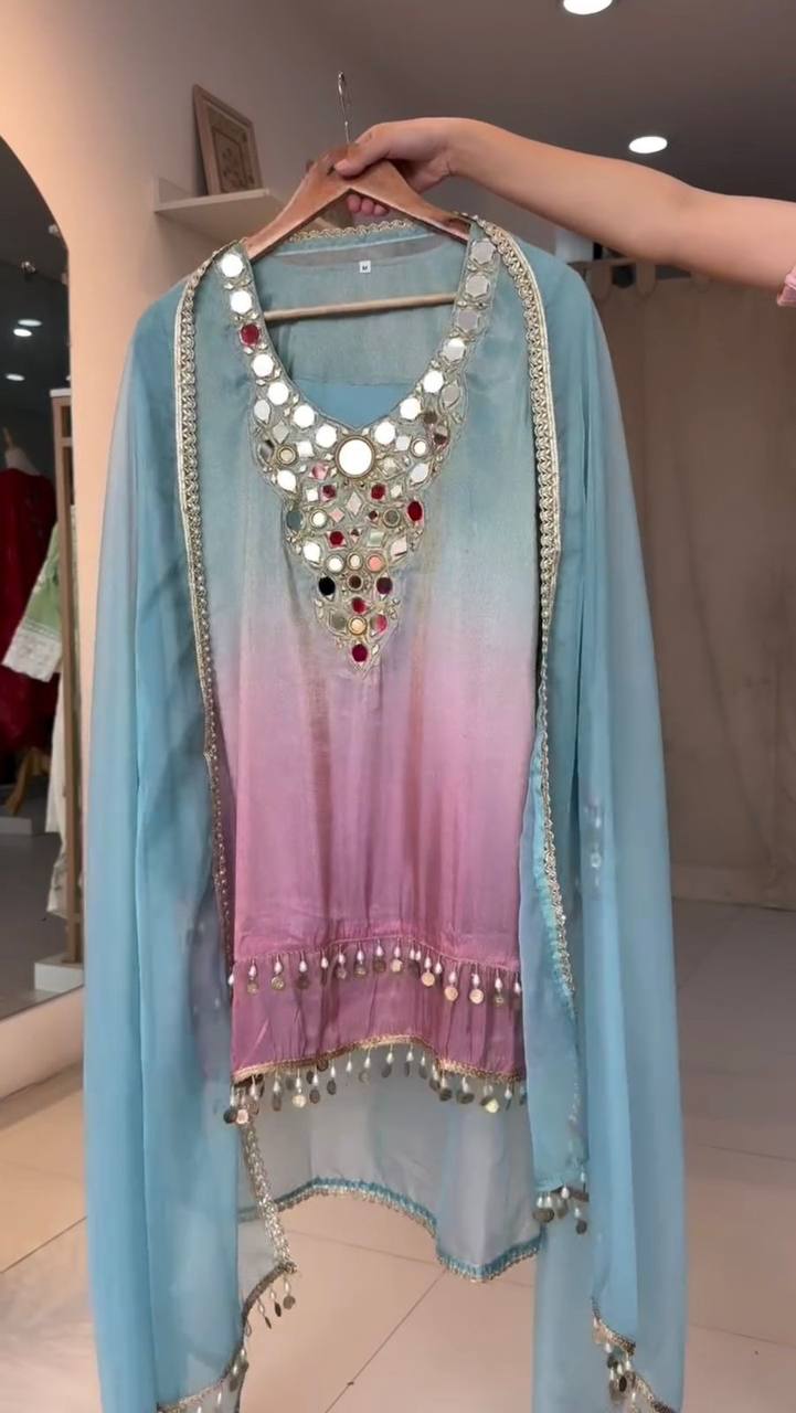 Exclusive 3-Piece Plazzo Set with Dupatta – Printed Crape Silk & Mirror Embroidery Work