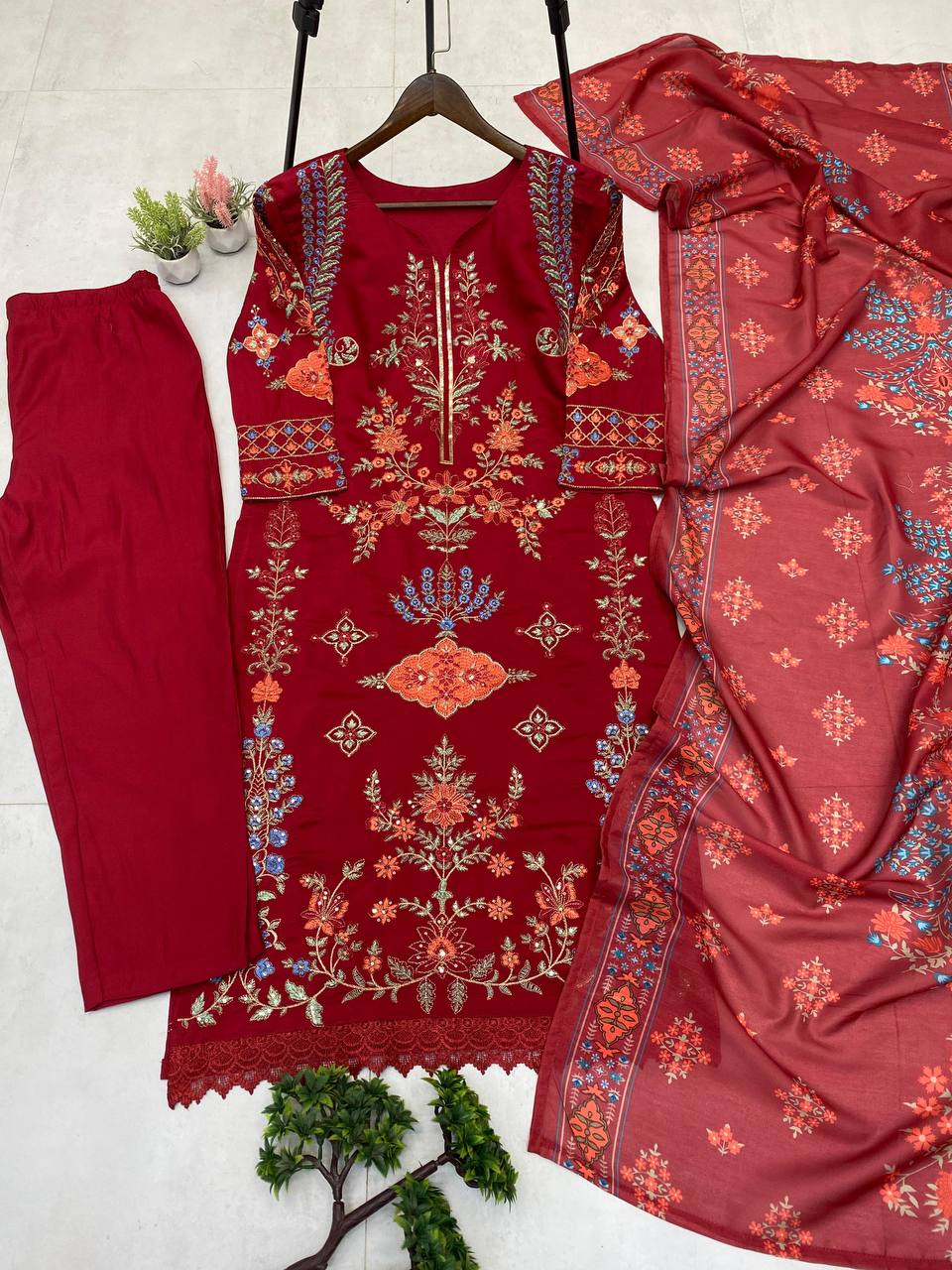 Designer Roman Silk Top with Pant & Dupatta – Embroidery & Sequence Work