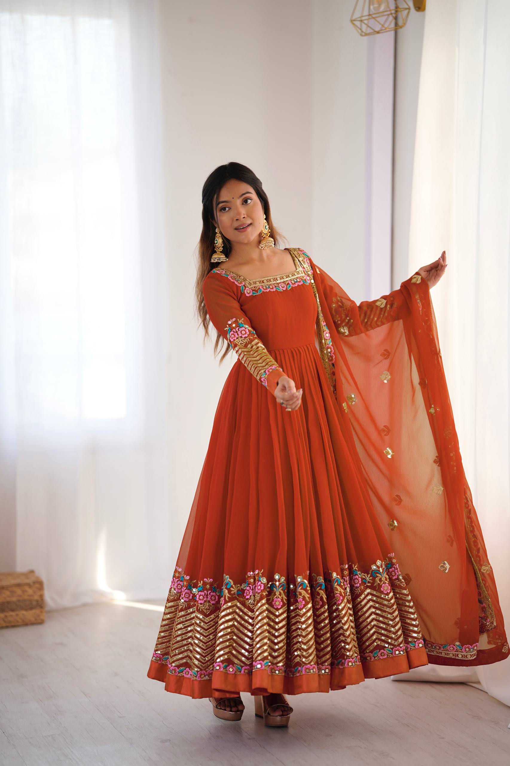 Designer Heavy Georgette Gown Set with Bottom & Dupatta – Multi Thread Embroidery & Sequence Work