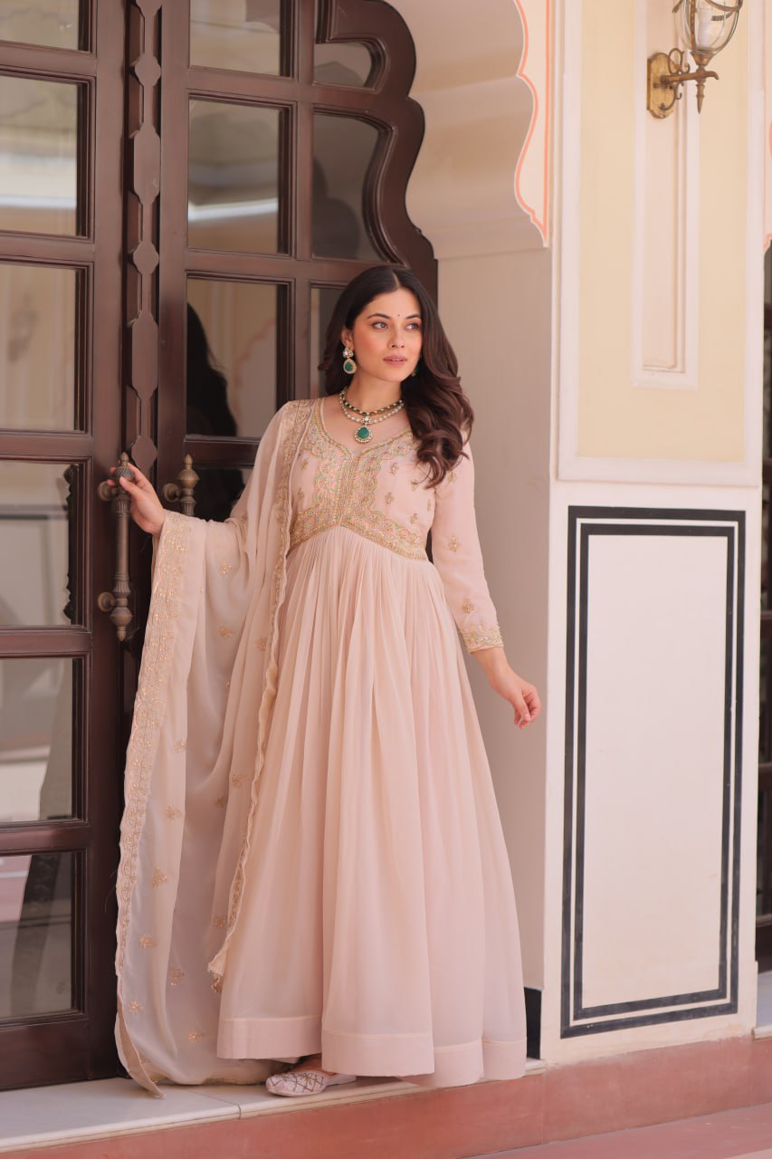 Cream Star Georgette Gown with Dupatta – Beads & Sequins Multi-Embroidery
