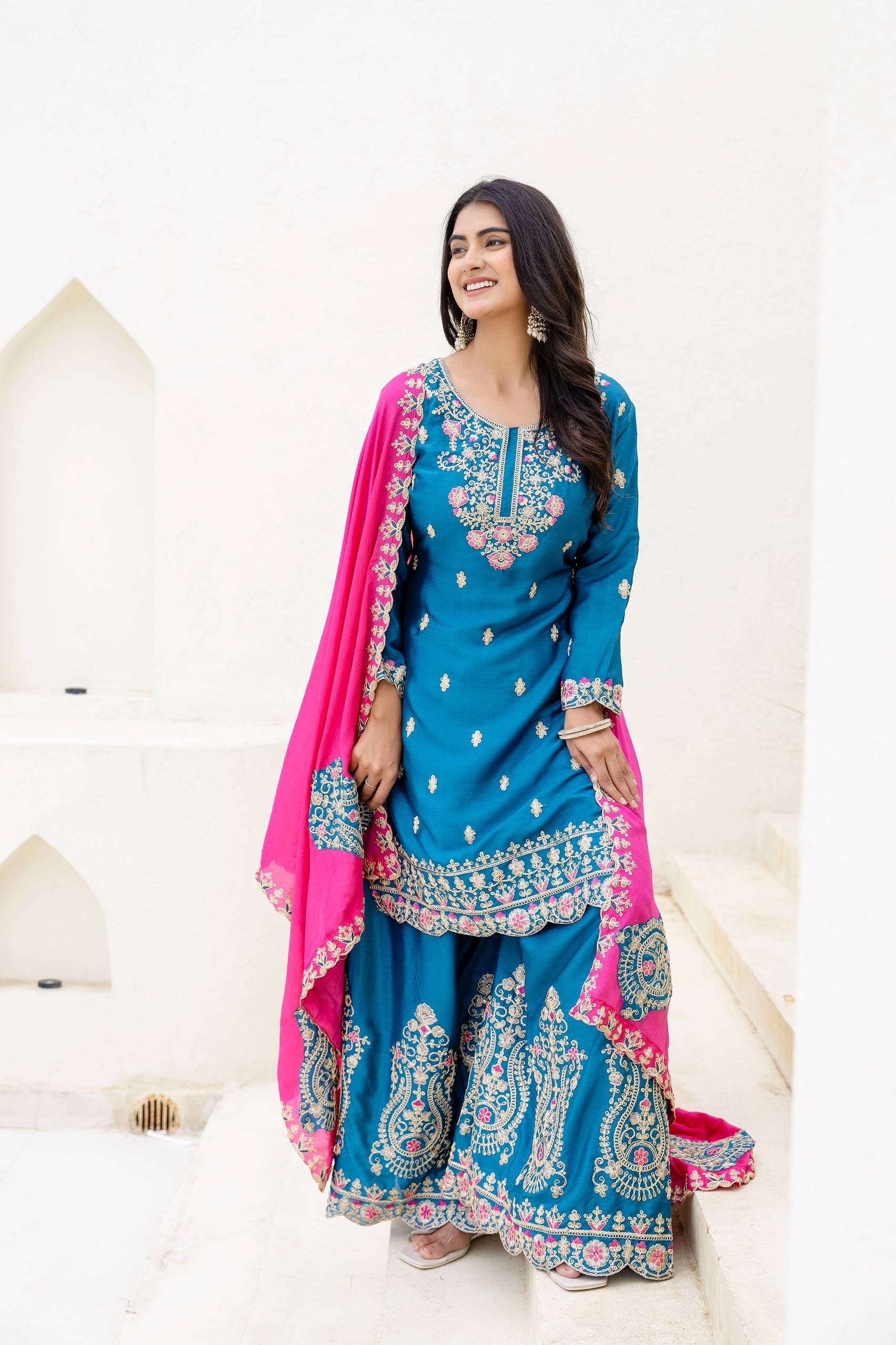 Women Ethnic Motifs Embroidered Kurta with Sharara & Dupatta