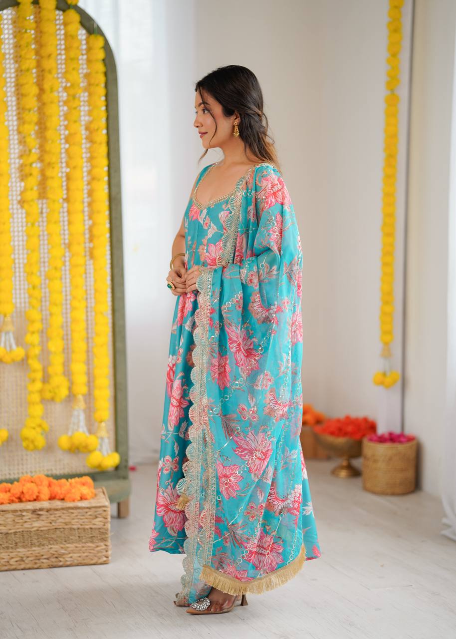 Rama Blue Colour Muslin Floral Print Anarkali Kurtis