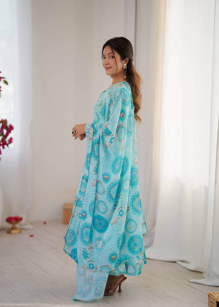 Womens Blue Printed Anarkali Kurta With Trousers & Dupatta