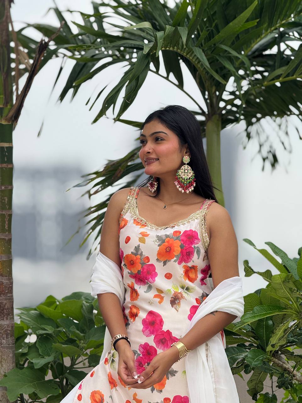 Exclusive  White Chinon Silk Kurti with Flared Plazzo and Lace Dupatta
