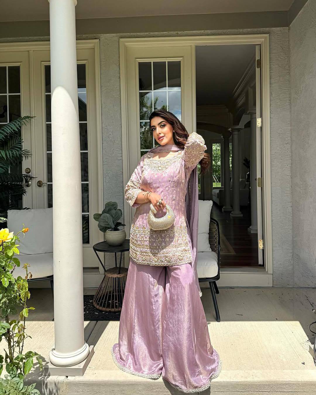 Premium Baby Pink Cosmos Silk Sequin & Zari Work Palazzo Set