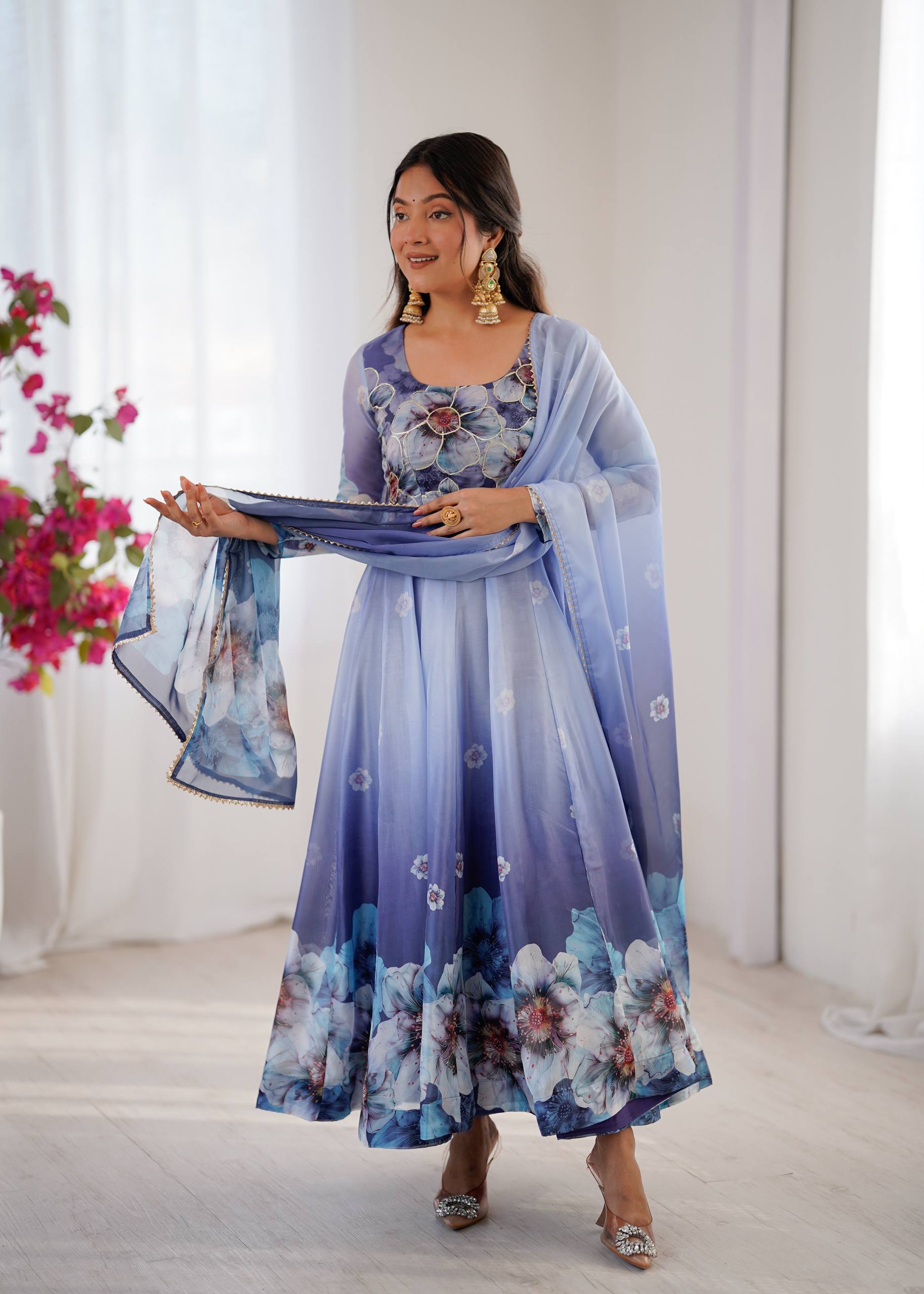 Organza Blue Festival Wear Digital Print Work Readymade Gown