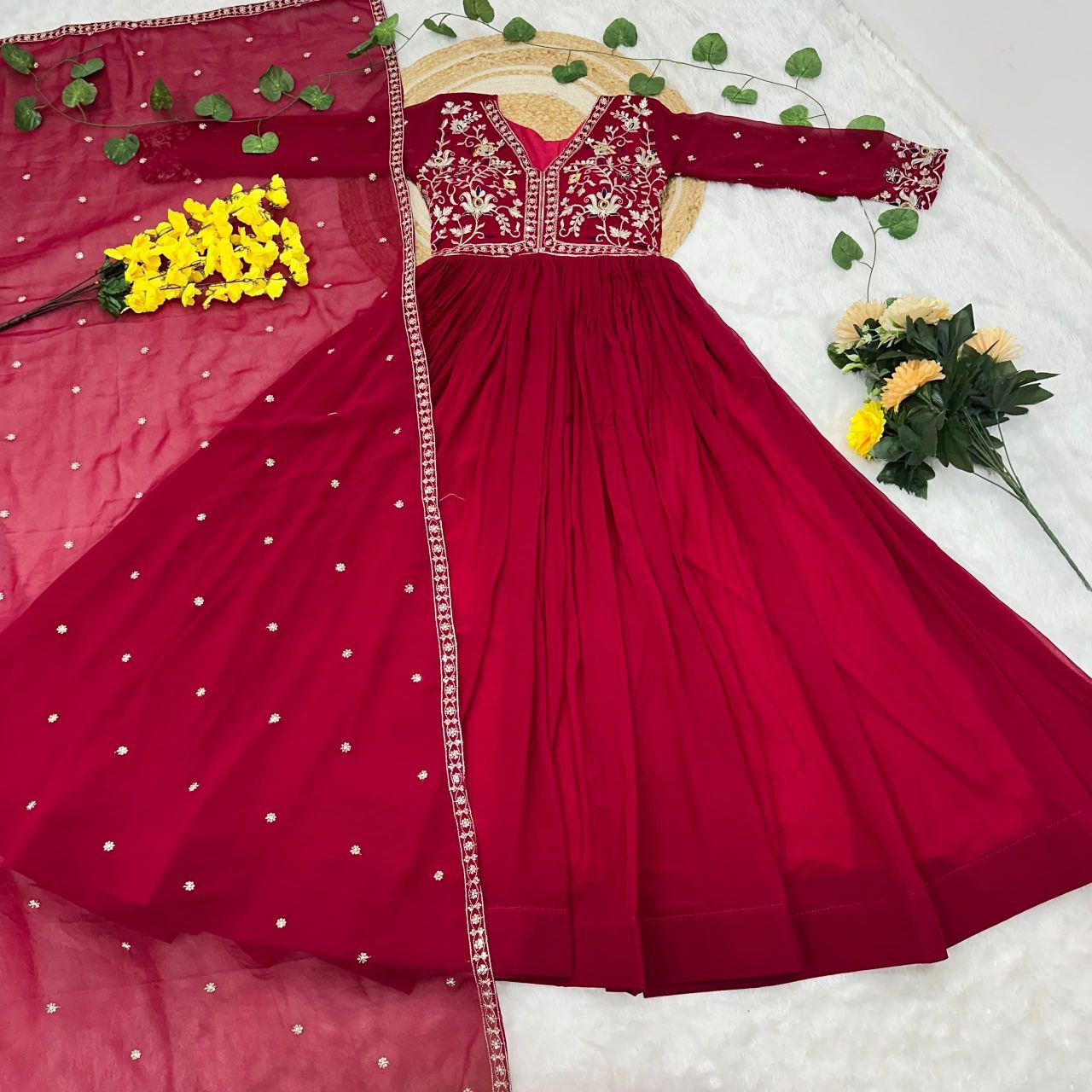 Premium Designer Readymade Gown with Dupatta – Zari & Sequins Embroidery