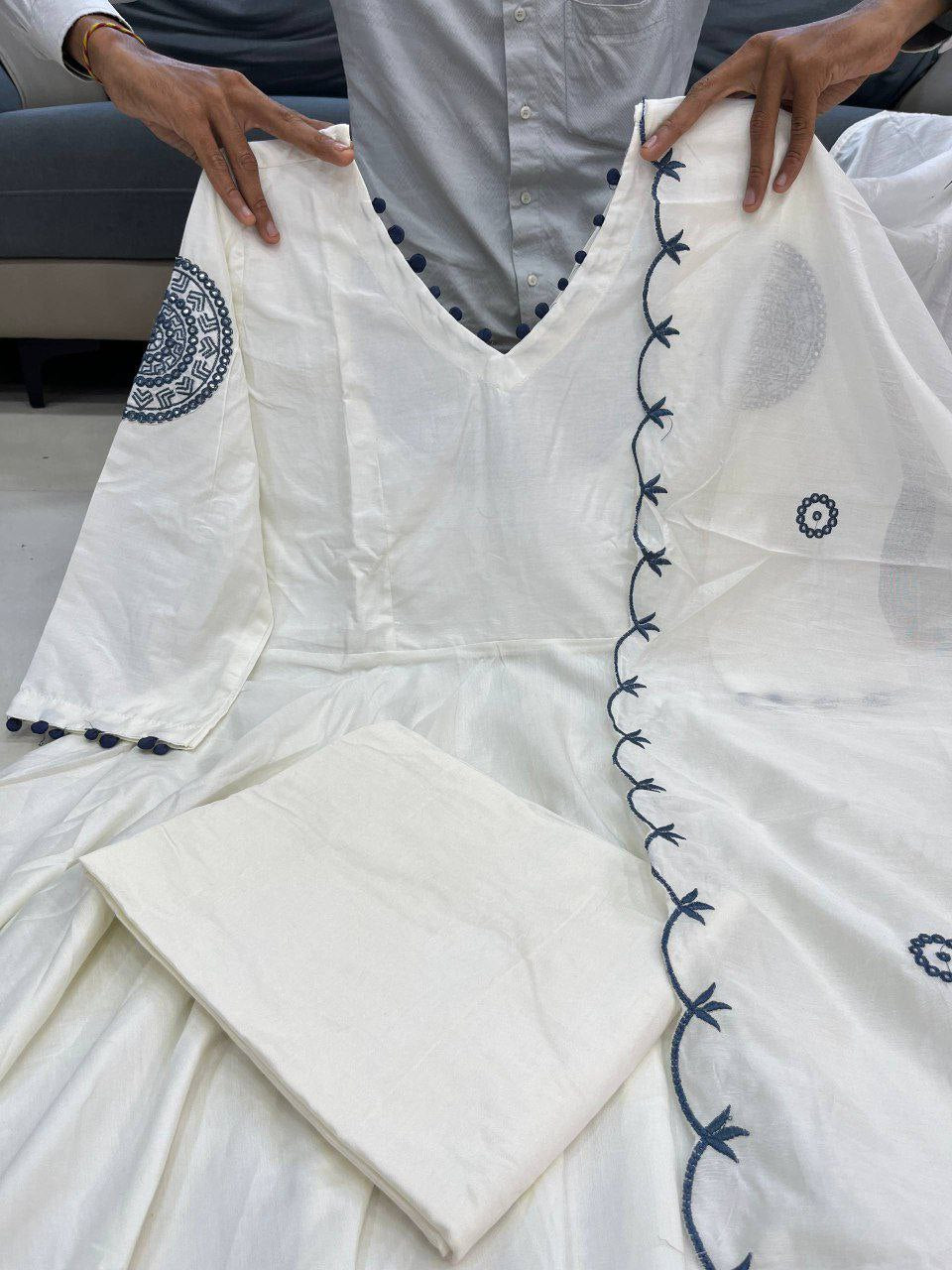 Rangrasa Blue Cream Embroidered Muslin Silk Suit Set