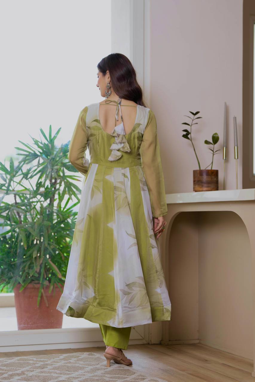 Floral Printed Anarkali Kurta With Trousers & Dupatta