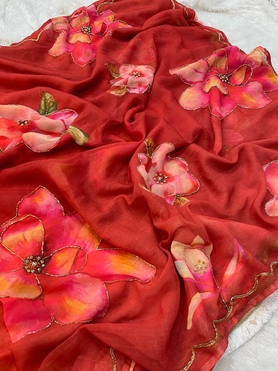 Soft Georgette Saree with Floral Print & Handwork Cutdana with Raw Silk Blouse