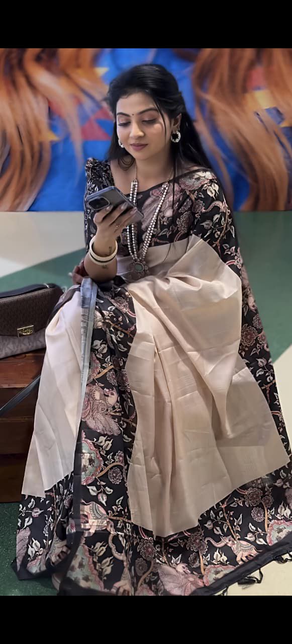 Heavy Handloom Tussar Silk Saree with Gajraj Chitrakala Digital Print & Blouse